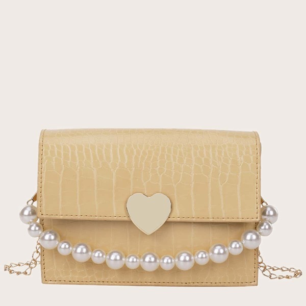 

Metal Lock Croc Embossed Satchel Bag, Yellow
