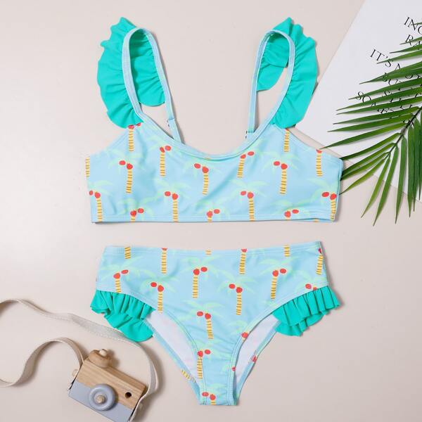 

Girls Plant Print Ruffle Bikini Swimsuit, Pastel baby blue