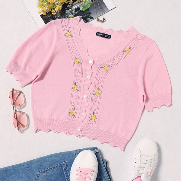 

Embroidery Floral Scallop Edge Button Placket Cardigan, Baby pink