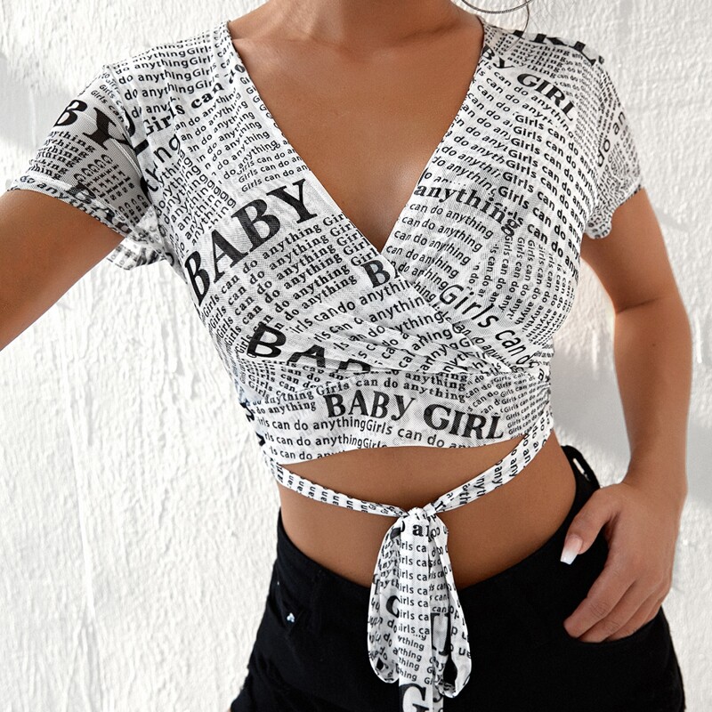 

Slogan Graphic Tie Front Mesh Top, Black and white