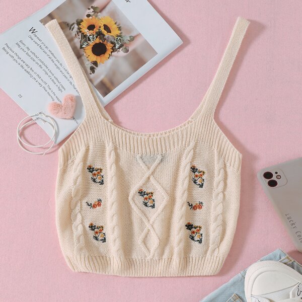 

Floral Pattern Knit Top, Apricot