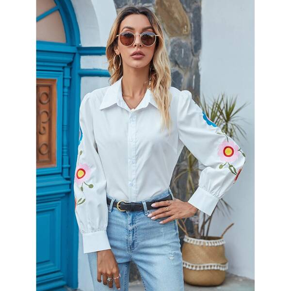 

Flower Embroidered Button Through Blouse, White