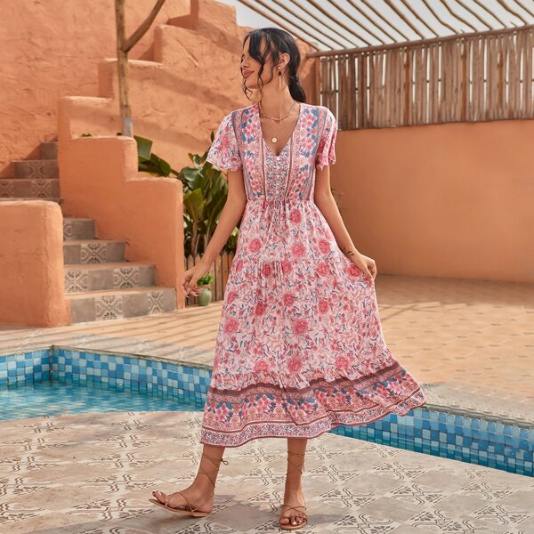 

Allover Floral Button Front Dress, Pink