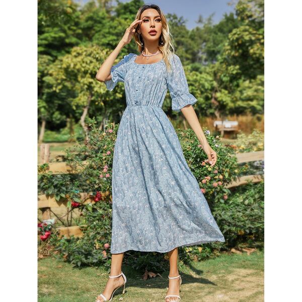 

Allover Floral Square Neck Dress, Baby blue