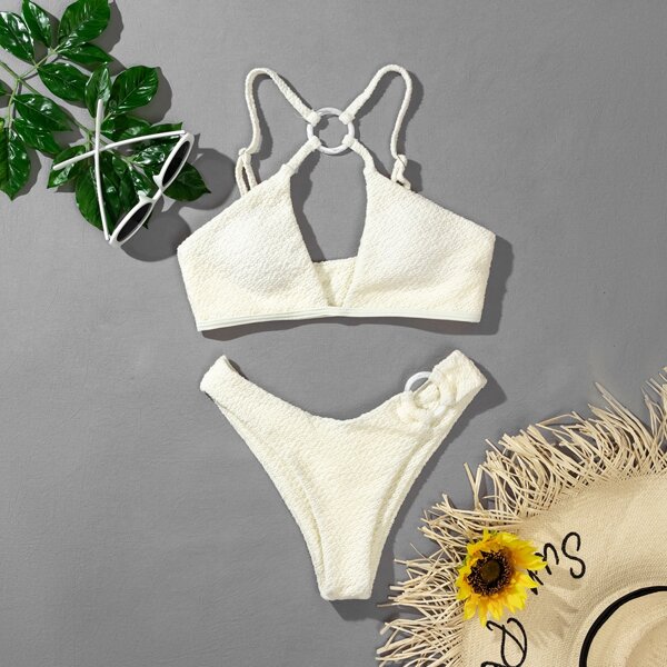 

Textured Ring Linked High Cut Bikini Swimsuit, White