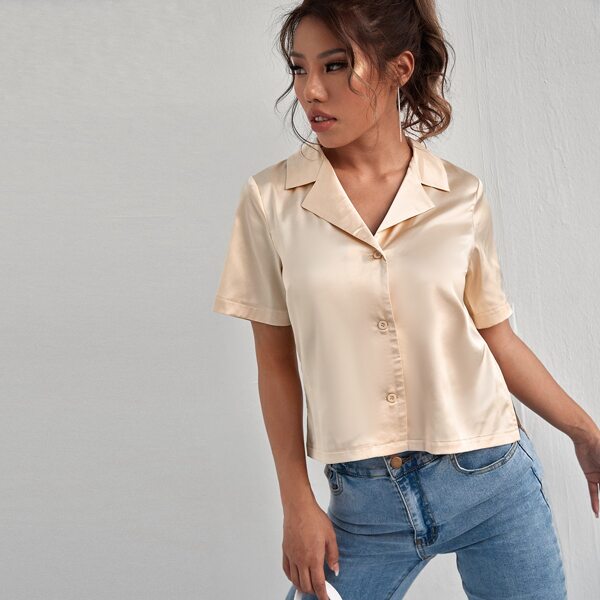 

Satin Button Front Lapel Collar Blouse, Apricot