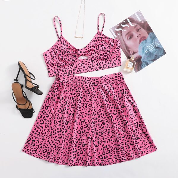 

Plus All Over Print Cut Out Front Crop Cami Top With Skirt, Hot pink