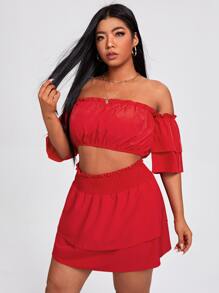 Bộ thời trang Plus Size viền lá sen màu trơn Thanh lịch - Đỏ - Xem 1