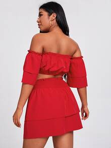 Bộ thời trang Plus Size viền lá sen màu trơn Thanh lịch - Đỏ - Xem 2