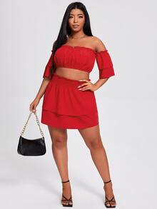 Bộ thời trang Plus Size viền lá sen màu trơn Thanh lịch - Đỏ - Xem 3