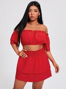 Bộ thời trang Plus Size viền lá sen màu trơn Thanh lịch - Đỏ - Xem 4