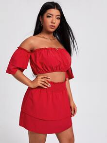 Bộ thời trang Plus Size viền lá sen màu trơn Thanh lịch - Đỏ - Xem 5