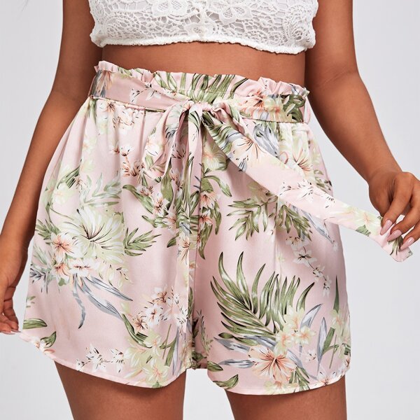 

Plus Floral And Tropical Print Paper Bag Waist Belted Shorts, Multicolor
