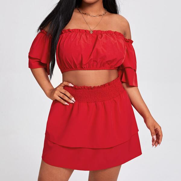 

Plus Off The Shoulder Crop Top With Paper Bag Waist Skirt, Red