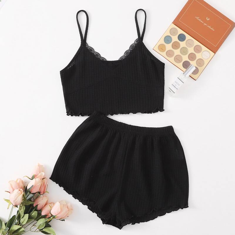

Contrast Lace Lettuce Trim Cami PJ Set, Black