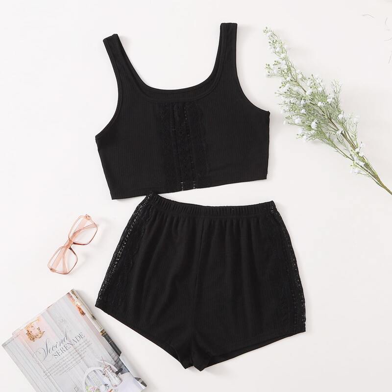 

Contrast Lace Tank Top & Shorts PJ Set, Black