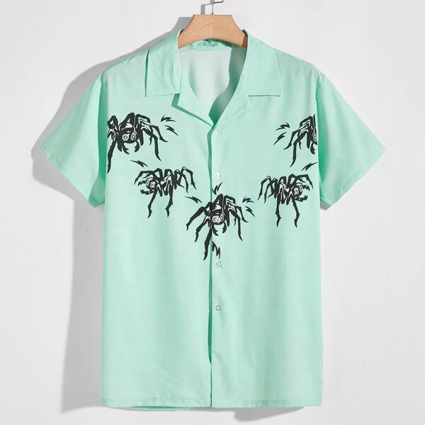 

Men Spider Print Button Front Shirt, Mint green