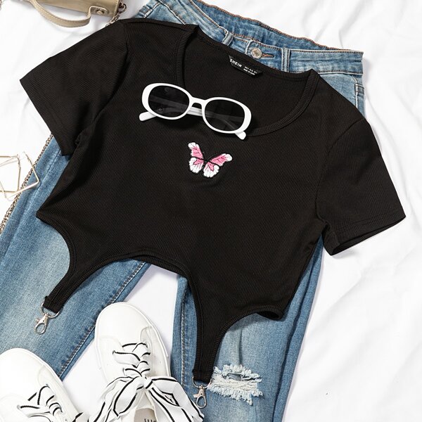 

Butterfly Embroidery Rib-knit Crop Tee, Black