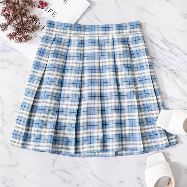

Tartan Print Pleated Mini Skirt, Blue