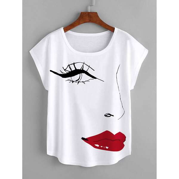

Figure Print Curved Hem Tee, White