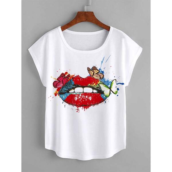 

Butterfly & Lip Print Tee, White