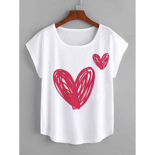 

Heart Print Batwing Sleeve Tee, White
