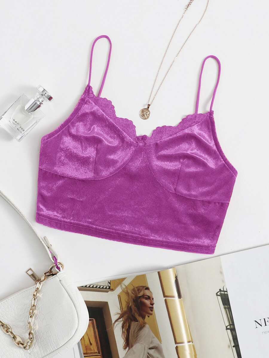 SHEIN Lace Trim Velvet Crop Cami Top - Purple - View 1