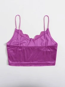 SHEIN Lace Trim Velvet Crop Cami Top - Purple - View 2
