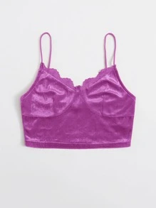 SHEIN Lace Trim Velvet Crop Cami Top - Purple - View 3