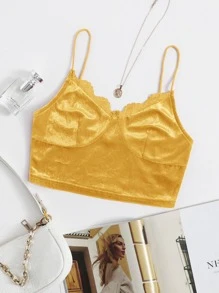 SHEIN Top de tirantes corto de terciopelo ribete con encaje - Amarillo - Ver 1