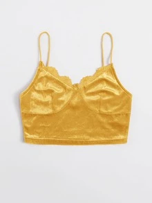 SHEIN Top de tirantes corto de terciopelo ribete con encaje - Amarillo - Ver 3
