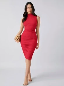 SHEIN BAE Đầm Xù màu trơn Thanh lịch - Đỏ - Xem 4