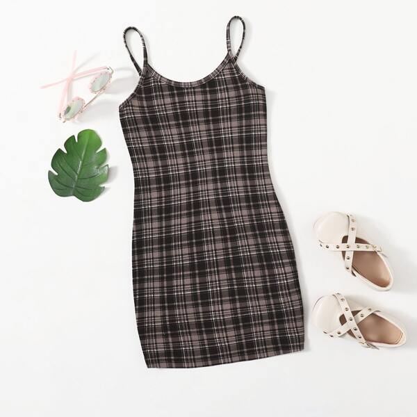 

Girls Tartan Print Bodycon Dress, Coffee brown