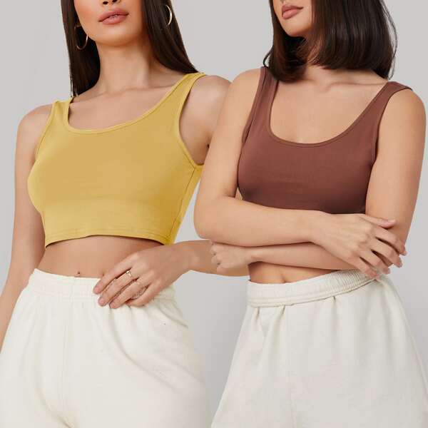 

2 Pack Scoop Neck Solid Crop Tank Top, Multicolor