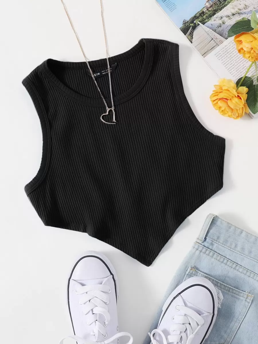 SHEIN EZwear 不對稱下擺羅紋針織短版背心上衣 - 黑色 - 查看 1