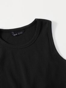 SHEIN EZwear 不對稱下擺羅紋針織短版背心上衣 - 黑色 - 查看 4