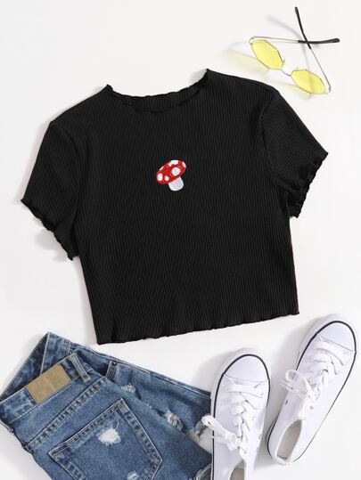 SHEIN Qutie Mushroom Embroidered Rib-knit Tee