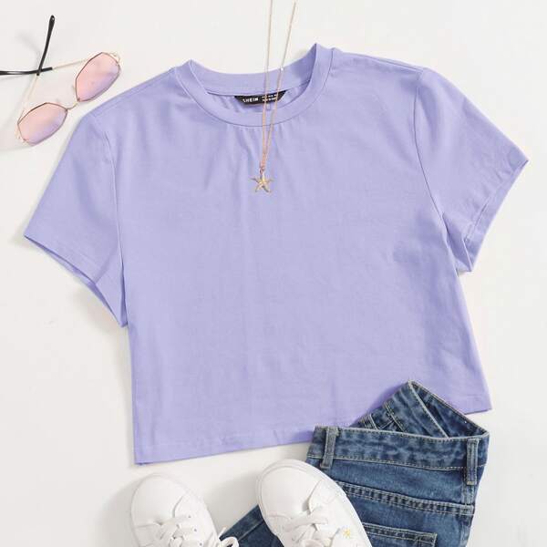 

Round Neck Crop Solid Tee, Lilac purple