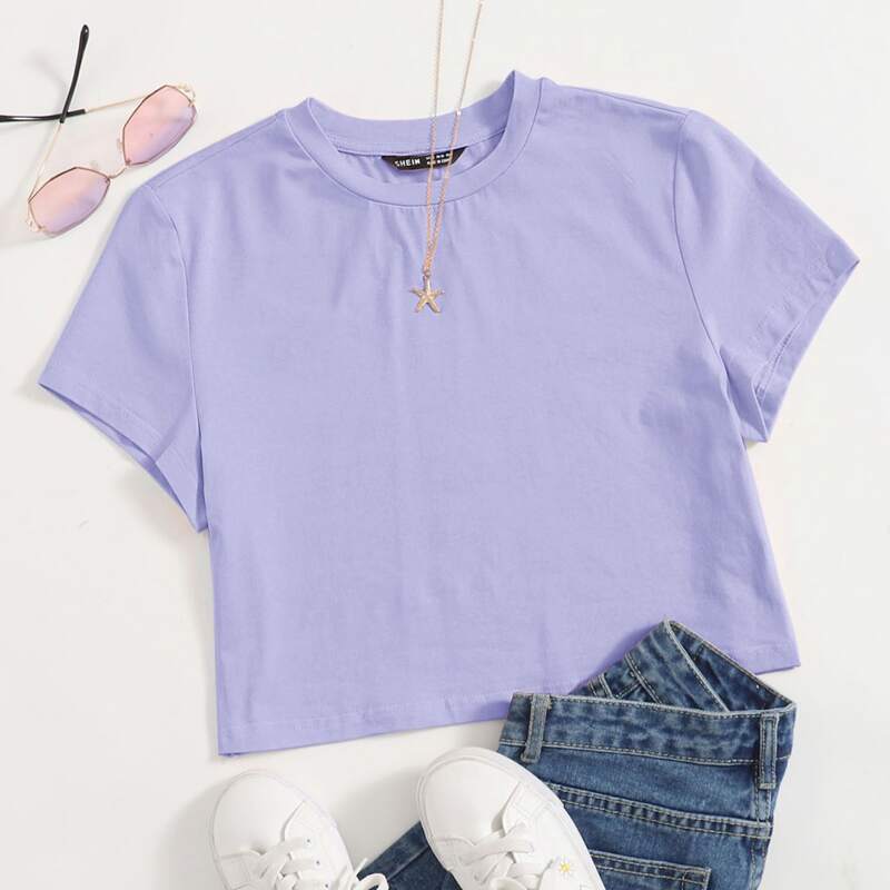 

Round Neck Crop Solid Tee, Lilac purple
