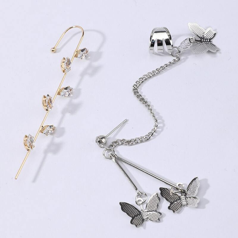 

Rhinestone Leaf Design Ear Cuff & Butterfly Earrings, Multicolor