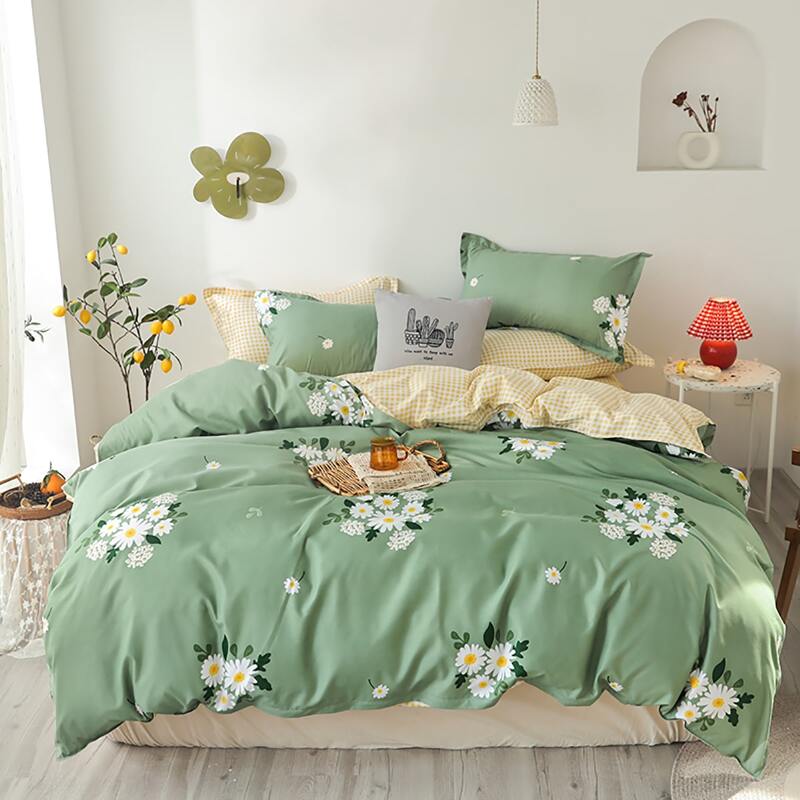 

Flower Print Duvet Cover Set Without Filler, Green