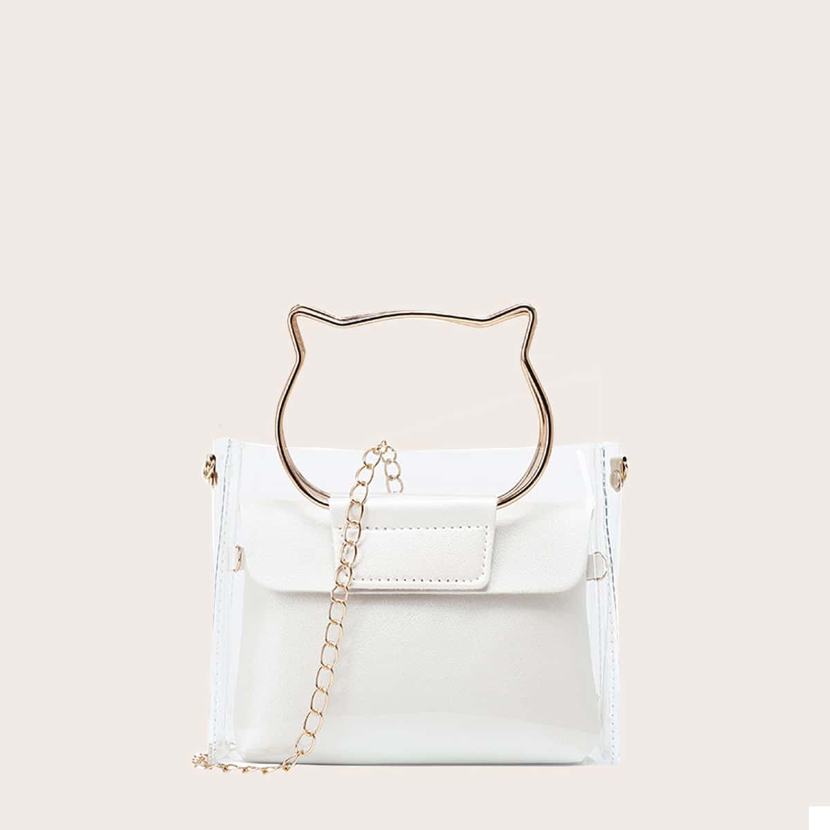 

Cat Ring Handle Clear Satchel Bag, White
