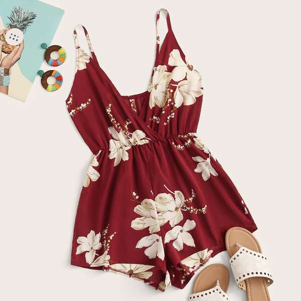 

Surplice Front Floral Print Cami Romper, Red