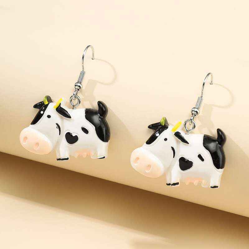 

Cartoon Cow Drop Earrings, Black and white