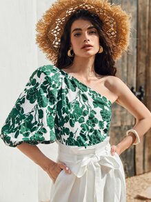 SHEIN VCAY Top de un hombro con estampado de planta
