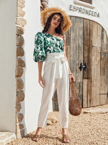 SHEIN VCAY Top de un hombro con estampado de planta