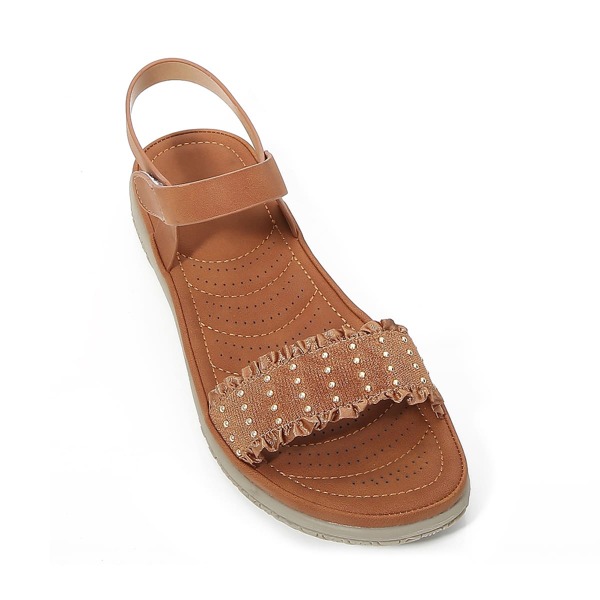 

Frill Trim Ankle Strap Sandals, Brown