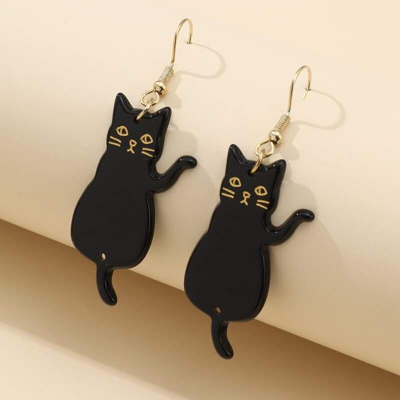

Cartoon Cat Drop Earrings, Black