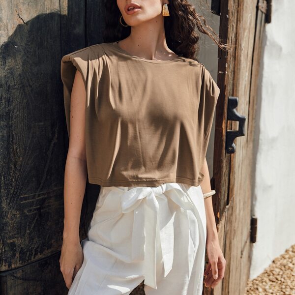 

Solid Padded Shoulder Tank Top, Mocha brown