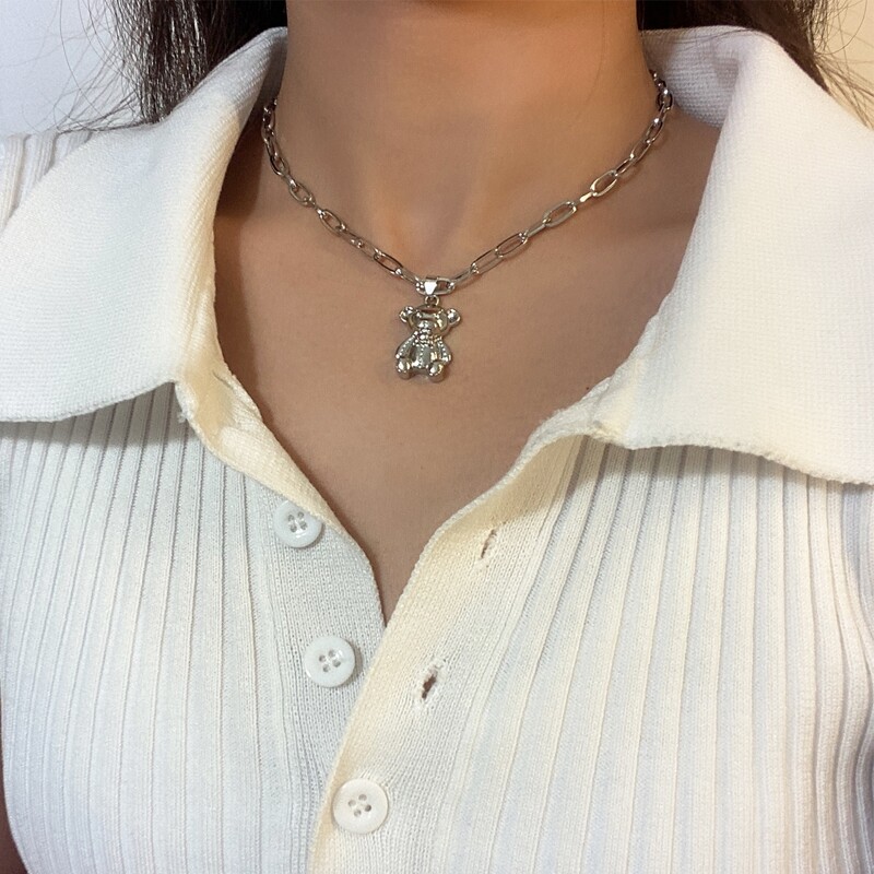 

Bear Decor Chain Necklace, Silver